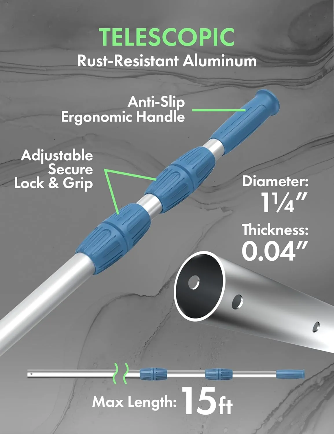 KEMANO Professional 15ft Heavy Duty Swimming Pool Pole, Telescopic Aluminum, Adjustable 3.4-15ft, Fits Pool Vacuum, Net, Brush, Hook, Cleaning Tools, Universal Mount, Anti-Slip Grip, Twist Lock Design