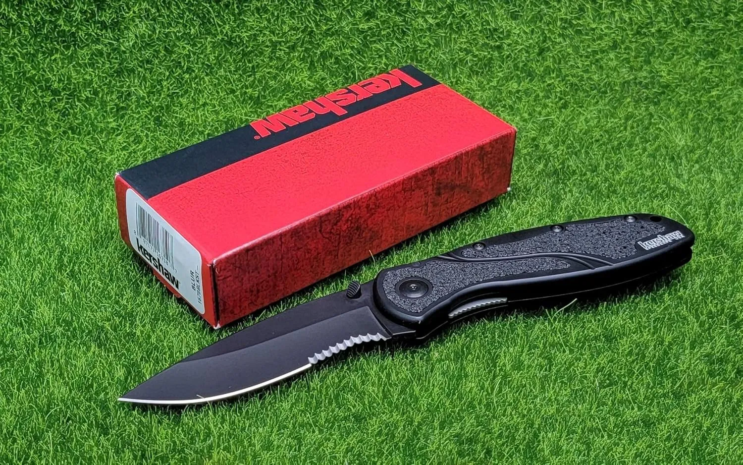 Kershaw Blur Black Serrated Pocketknife, 3.4" Sandvik 14C28N Stainless Steel Cerakote Recurved Blade, Assisted Thumb-Stud Opening EDC