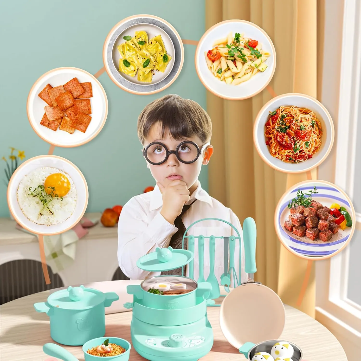 Kid Cooking Set Real Safe Easy Montessori Kitchen Tools, Utensils Includes Stove Burner Aprons Cooking Tool etc for Real Food Making Aged 8-12 Educational Toys (Green)