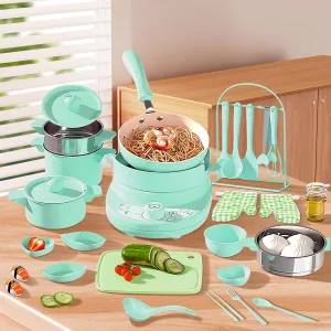 Kid Cooking Set Real Safe Easy Montessori Kitchen Tools, Utensils Includes Stove Burner Aprons Cooking Tool etc for Real Food Making Aged 8-12 Educational Toys (Green)