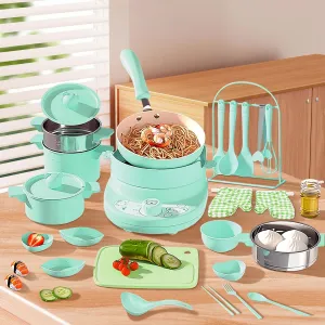 Kid Cooking Set Real Safe Easy Montessori Kitchen Tools, Utensils Includes Stove Burner Aprons Cooking Tool etc for Real Food Making Aged 8-12 Educational Toys (Green)