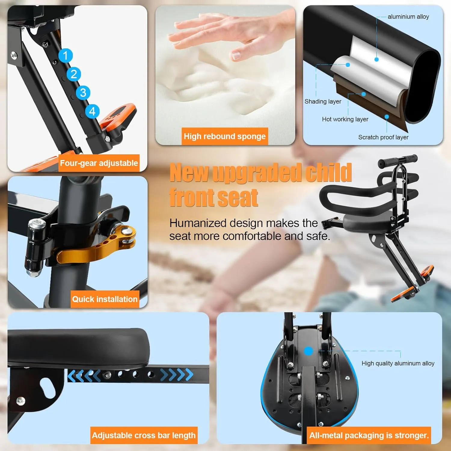 Kids Bike Seat with Handlebar Attachment, Detachable Front Mounted Child Bicycle Seats with Foot Pedals for Children 2~5 Years, Compatible with All Adult Mountain Bikes (Handle Seat)