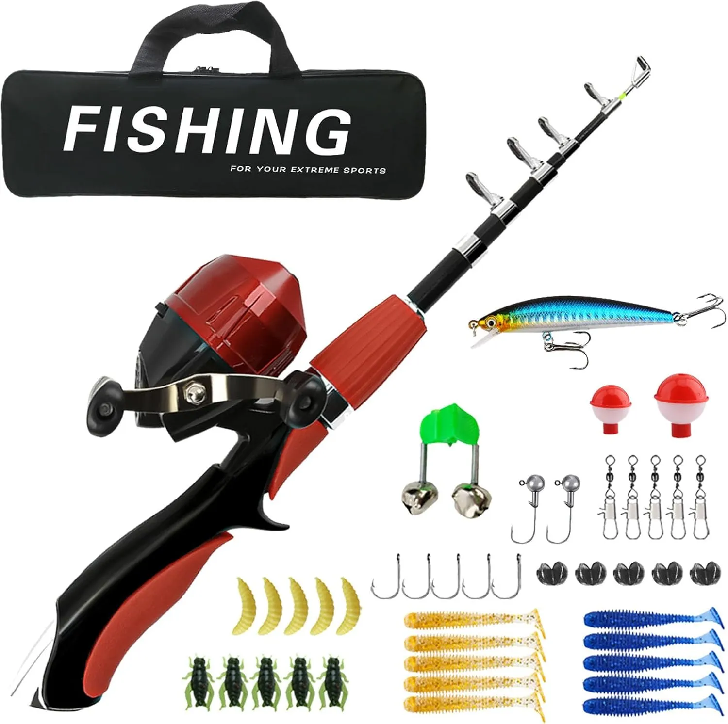Kids Fishing Set Portable Telescopic Fishing Rod 6-Section Beginner Pole with Spinning Reel, Portable Bag, Tackle Box for Boys, Girls, Youth Gift Telescopic Rod