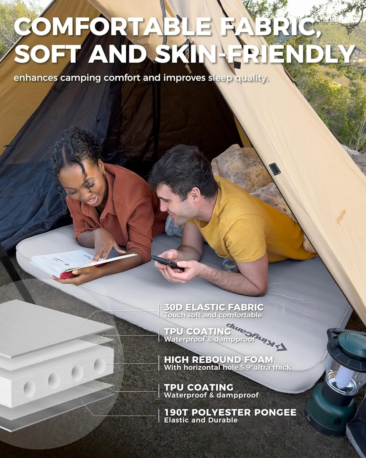 KingCamp Double Sleeping Pad, 2 Person Queen R 15.5 Self Inflating Sleeping Pad, 6"" Ultra Thick Full Size Foam Mattress Mat for Outdoor Camping Tent Car, PVC Free (Medieumgrey)