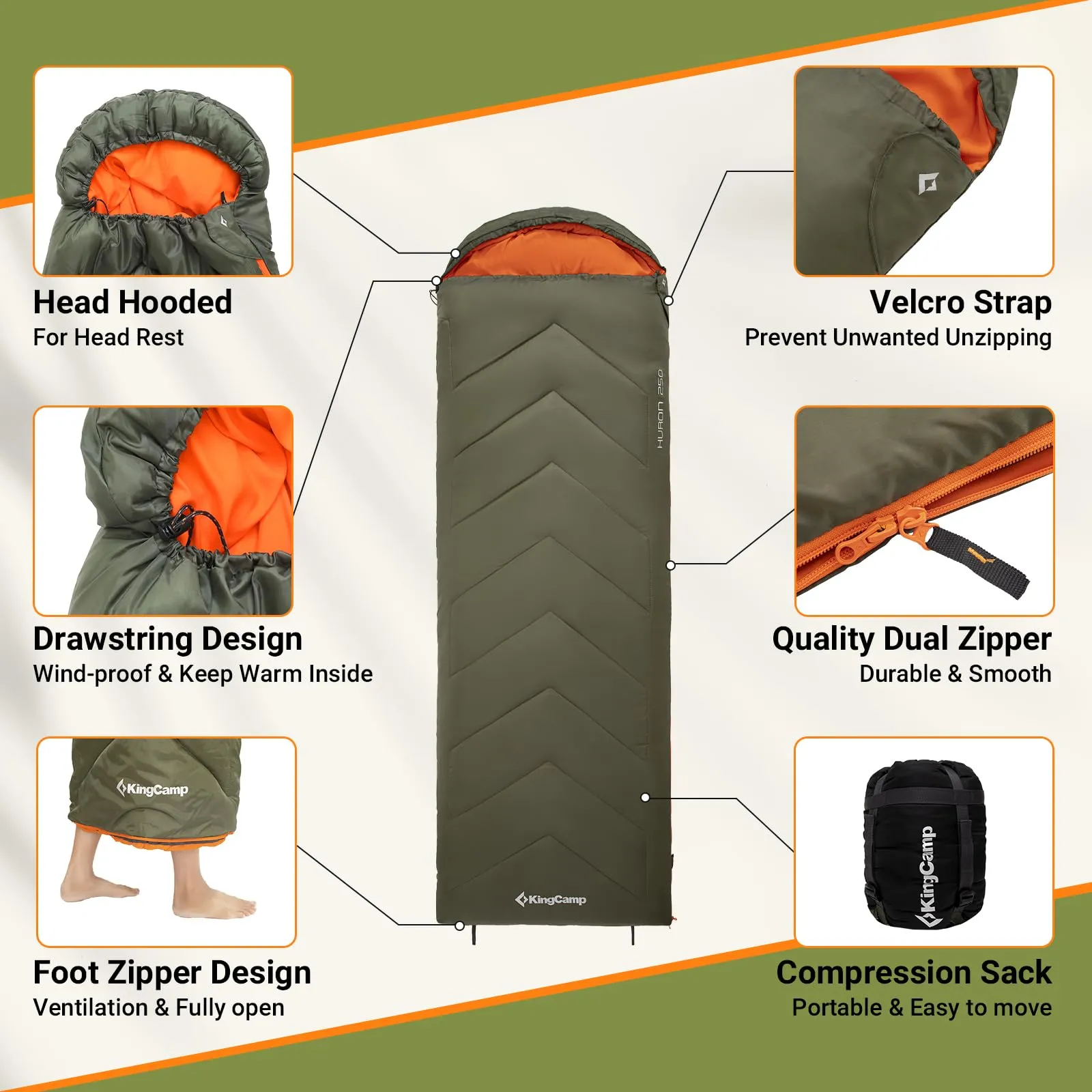 KingCamp HURON 250 Sleeping Bag-Envelope With Hood