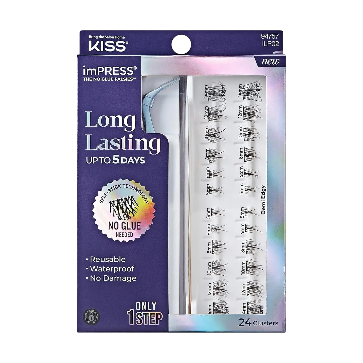 KISS imPRESS Falsies Long Lasting Self Adhesive Eyelashes, ‘Demi Edgy’, 5 Day Extended Wear, 24 Natural Volume Lash Clusters (5,6,8,10,12, & 14mm), Precision Non-Stick Applicator