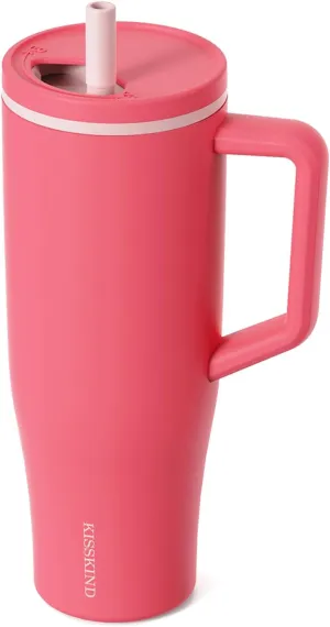 KISSKIND 40 oz Tumbler with Handle and Straw | 100% Leakproof Insulated Tumbler with Lid and Straw | Stainless Steel Water Bottle | Cup Holder Friendly Base | Pink Cherry
