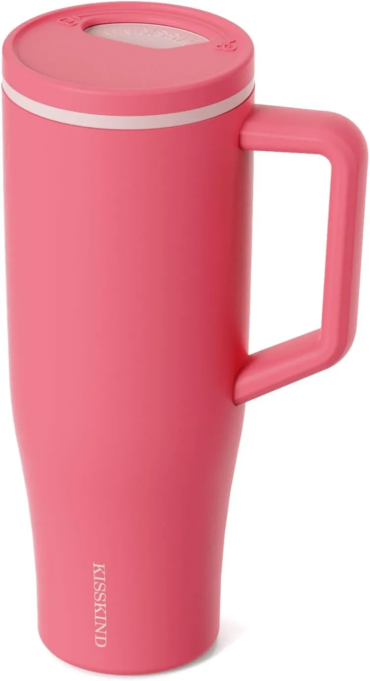 KISSKIND 40 oz Tumbler with Handle and Straw | 100% Leakproof Insulated Tumbler with Lid and Straw | Stainless Steel Water Bottle | Cup Holder Friendly Base | Pink Cherry