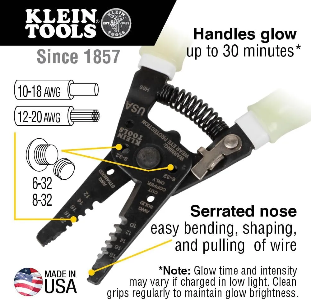 Klein Tools 11055GLW Wire Stripper / Cutter, Made in USA, Klein-Kurve Stripper / Cutter, 10-18 AWG Solid, 12-20 AWG Stranded Wire, Glow in the Dark Grips