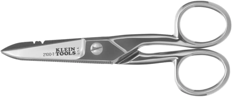 Klein Tools 2100-7 Nickel-Plated Electrician Scissors with Stripping Notches, Made in USA, 5.25-Inch Snips for Datacom, Telecom, Electrical and Heavy-Duty Use