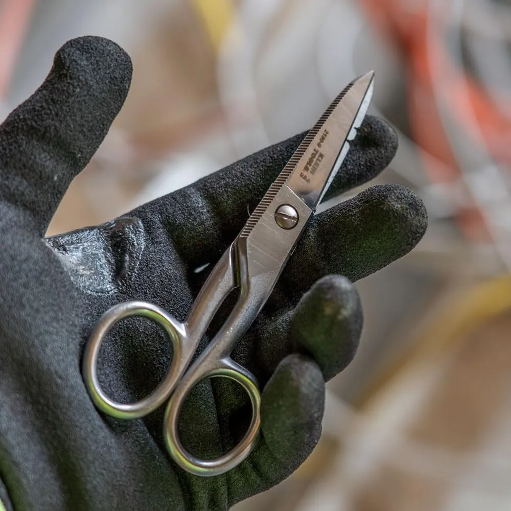 Klein Tools 2100-9 Stainless Steel Electrician Scissors, Made in USA, 5.25-Inch Free-Fall Handle Snips, Stripping Notches, Non-Slip Serrated Blade