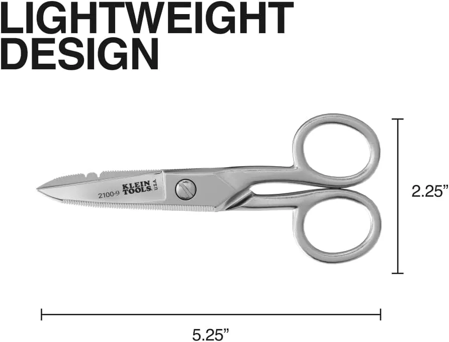 Klein Tools 2100-9 Stainless Steel Electrician Scissors, Made in USA, 5.25-Inch Free-Fall Handle Snips, Stripping Notches, Non-Slip Serrated Blade