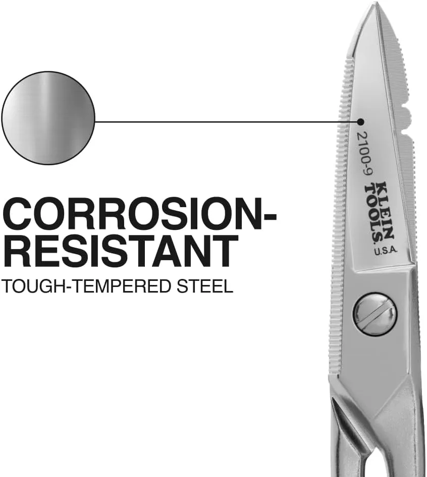 Klein Tools 2100-9 Stainless Steel Electrician Scissors, Made in USA, 5.25-Inch Free-Fall Handle Snips, Stripping Notches, Non-Slip Serrated Blade