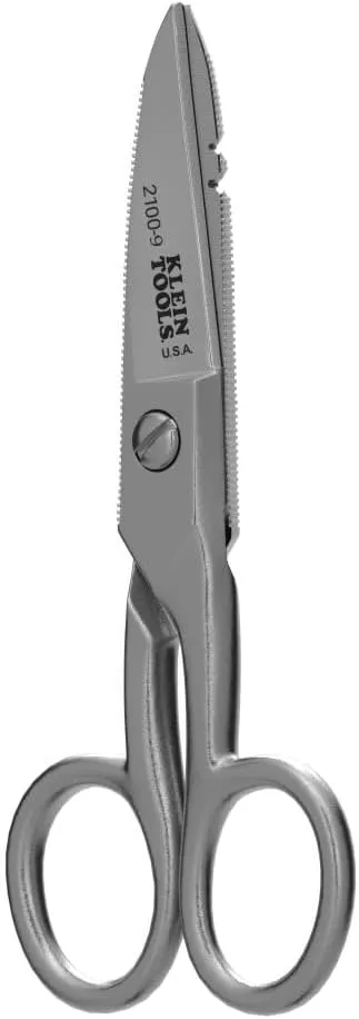 Klein Tools 2100-9 Stainless Steel Electrician Scissors, Made in USA, 5.25-Inch Free-Fall Handle Snips, Stripping Notches, Non-Slip Serrated Blade