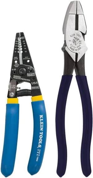 Klein Tools D2139NE11055 Pliers Set with Lineman's Side Cutting Pliers and Copper Wire Stripper/Cutter, High-Leverage, 2-Piece