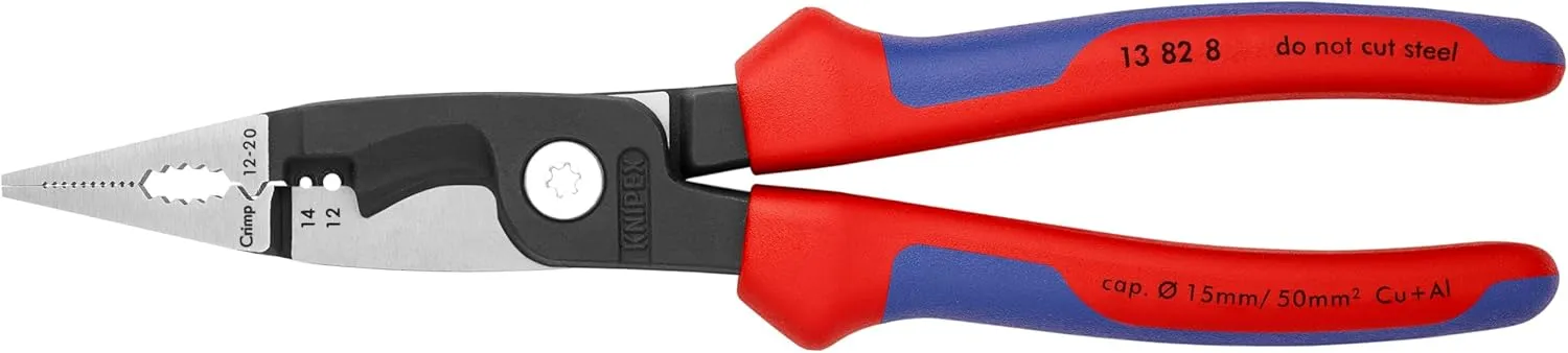 Knipex Tools 13 82 8, 6 in 1 Electrical Installation Pliers with Comfort Grip Handle, Red and Blue