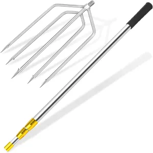 KOMCLUB Retractable Telescopic Pole Stainless Steel Fishing Gaffs Pole Rod Fork Hook with 5-Prong Harpoon 8mm Screw Capable Replaceable Harpoon Sea for Saltwater Hunting Fish Frog Mole