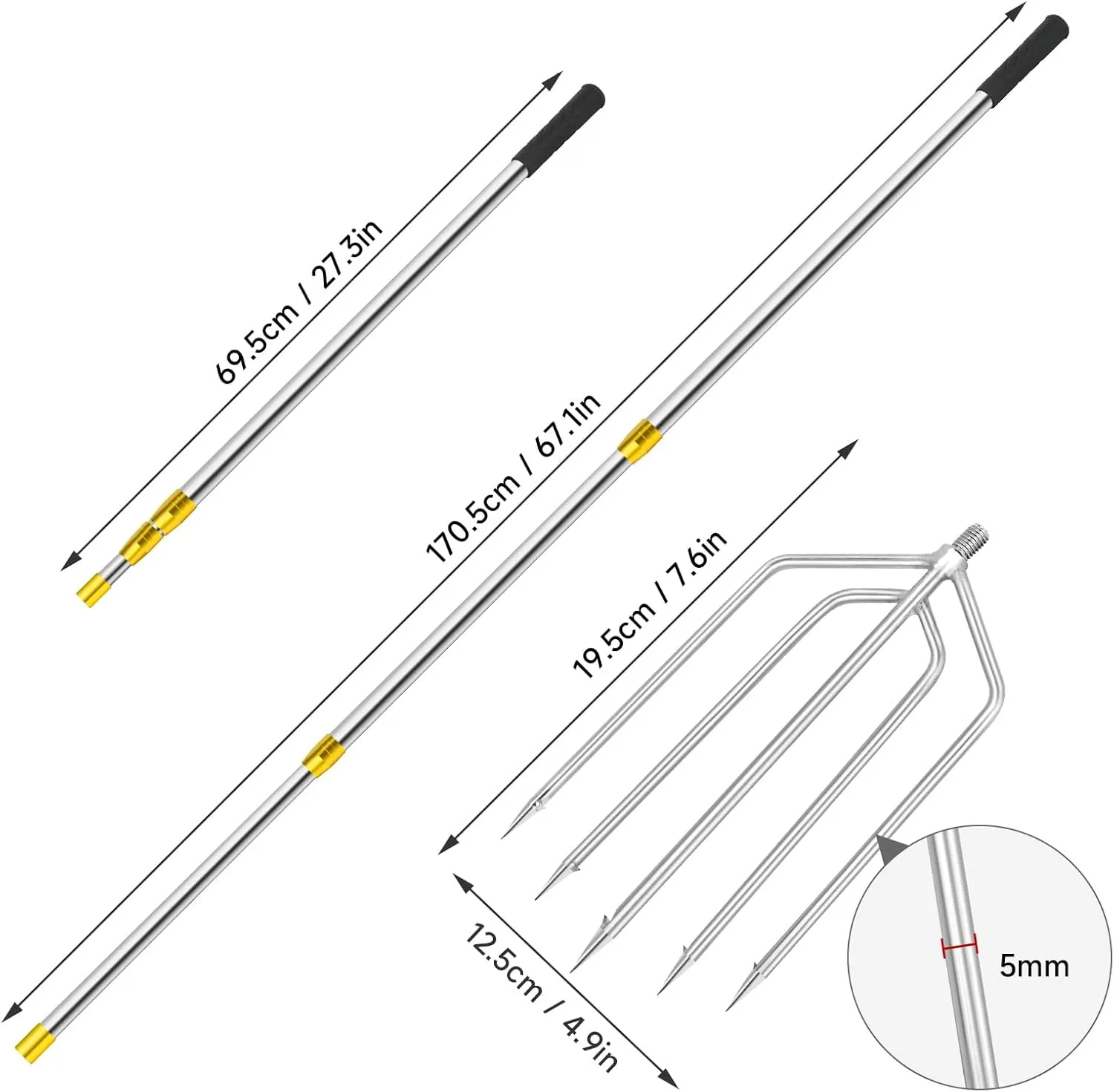 KOMCLUB Retractable Telescopic Pole Stainless Steel Fishing Gaffs Pole Rod Fork Hook with 5-Prong Harpoon 8mm Screw Capable Replaceable Harpoon Sea for Saltwater Hunting Fish Frog Mole