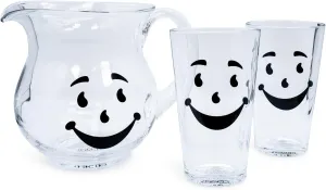 Kool-Aid Man 64-Ounce Glass Pitcher and Two 16-Ounce Pint Glasses | Beverage Dispenser Carafe and Glassware For Water, Juice, Iced Tea, Cocktails | Home & Kitchen Essentials, Nostalgic Gifts