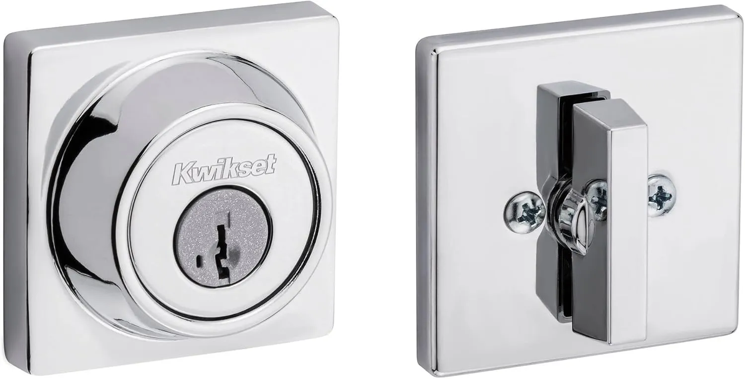 Kwikset 660 Contemporary Deadbolt Deadbolt Lock, Polished Chrome Square Exterior Keyed Front Entry Door, Pick Resistant SmartKey Rekey Security, Single Cylinder Dead Bolt