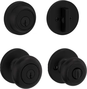 Kwikset 660 Deadbolt Lock with Cove Entry Door Knob with Lock and Key, Single Cylinder Dead Bolt, Exterior Keyed Front Entry Door, Matte Black, Pick Resistant SmartKey Rekey Security