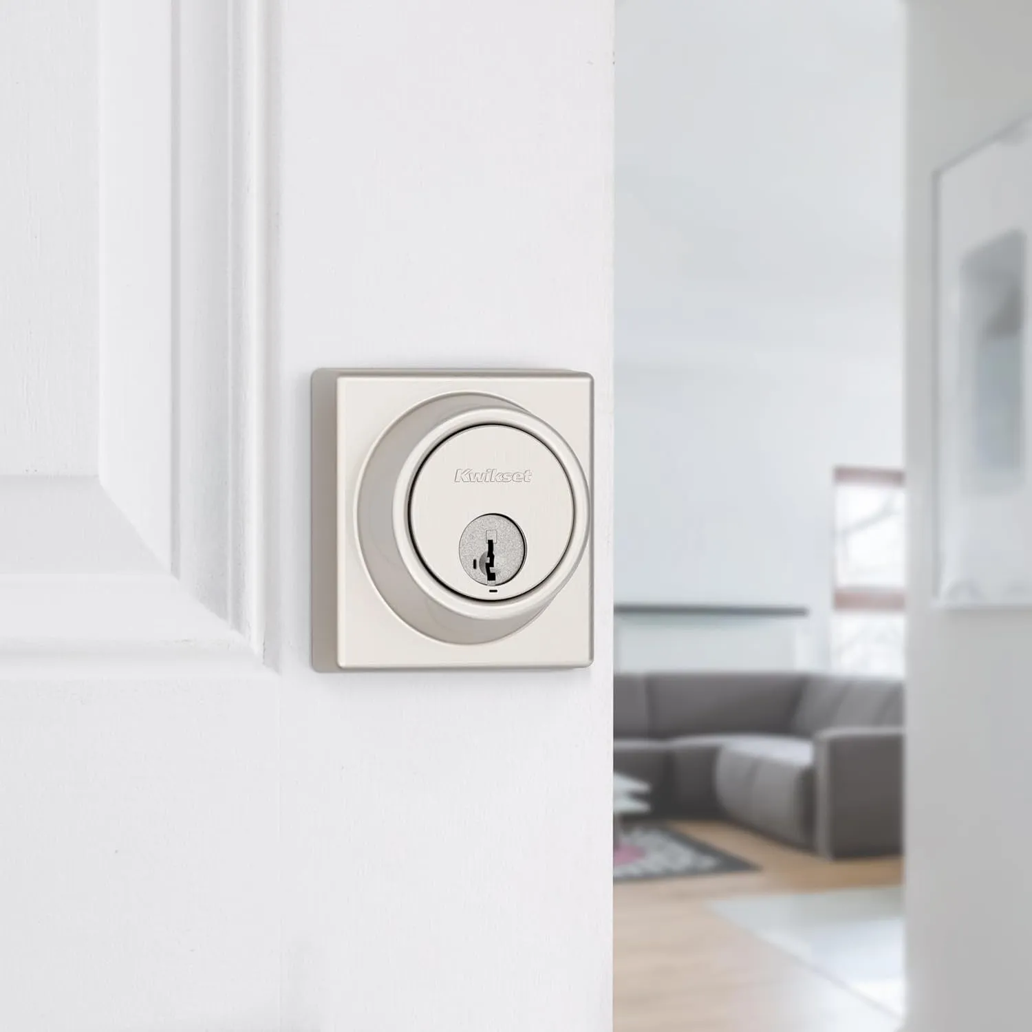 Kwikset 817 Deadbolt Lock, Satin Nickel Square Exterior Keyed Front Entry Door, Pick Resistant SmartKey Rekey Security, Single Cylinder Dead Bolt, with Microban Protection