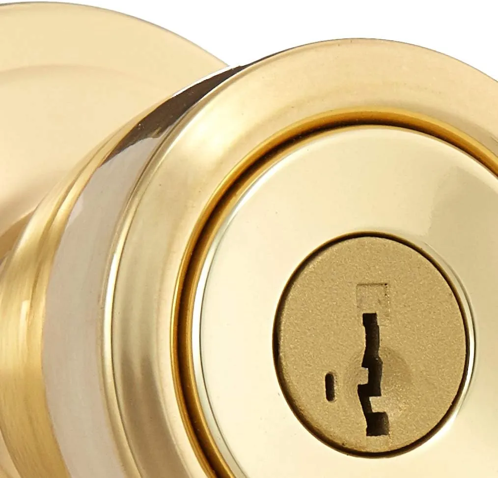 Kwikset Abbey Entry Door Knob with Lock and Key, Secure Keyed Handle Exterior, Front Entrance and Bedroom, Polished Brass, Pick Resistant SmartKey Rekey Security