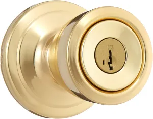 Kwikset Abbey Entry Door Knob with Lock and Key, Secure Keyed Handle Exterior, Front Entrance and Bedroom, Polished Brass, Pick Resistant SmartKey Rekey Security