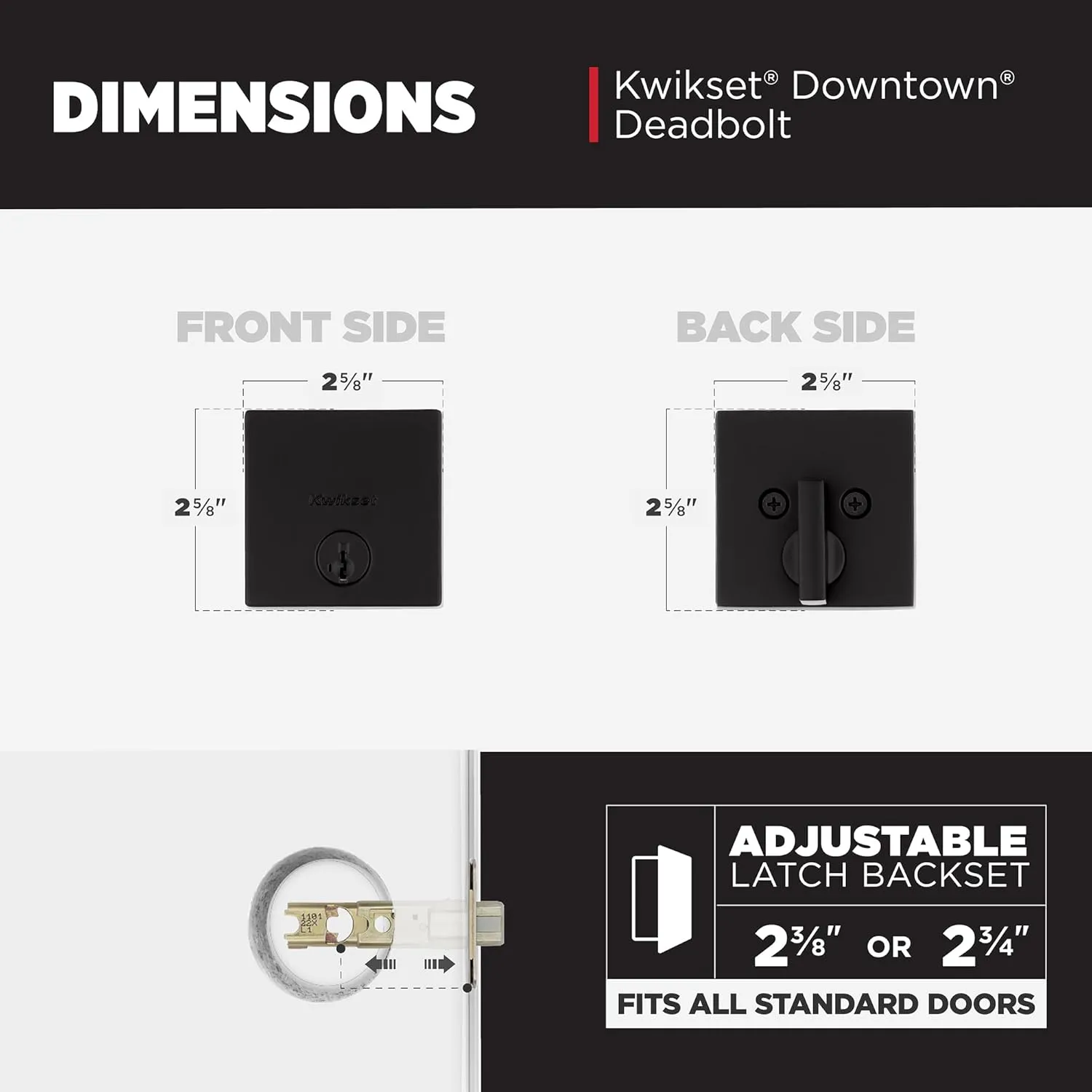 Kwikset Downtown Deadbolt Lock, Matte Black Square Exterior Keyed Front Entry Door, Pick Resistant SmartKey Rekey Security, Single Cylinder Dead Bolt, with Microban Protection