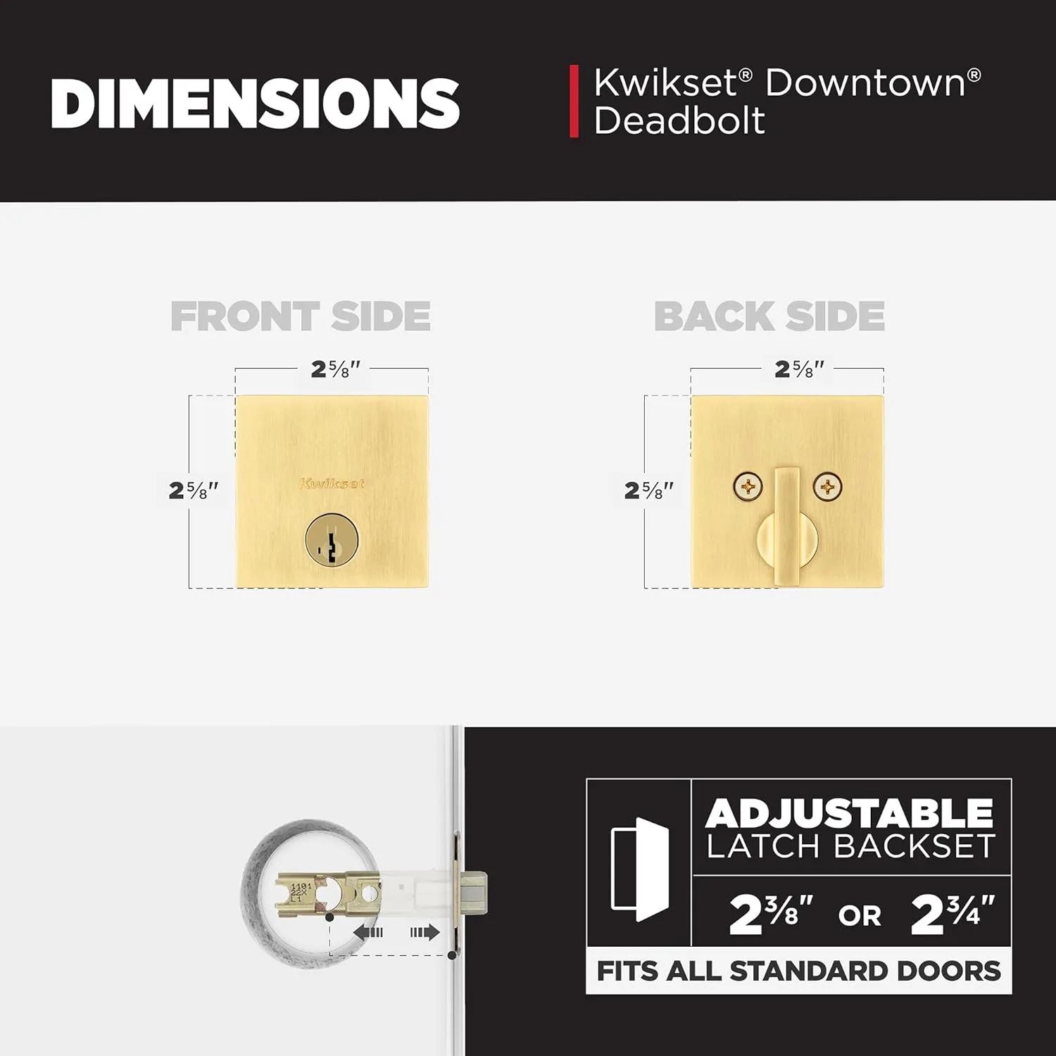 Kwikset Downtown Deadbolt Lock, Satin Brass Square Exterior Keyed Front Entry Door, Pick Resistant SmartKey Rekey Security, Single Cylinder Dead Bolt, with Microban Protection