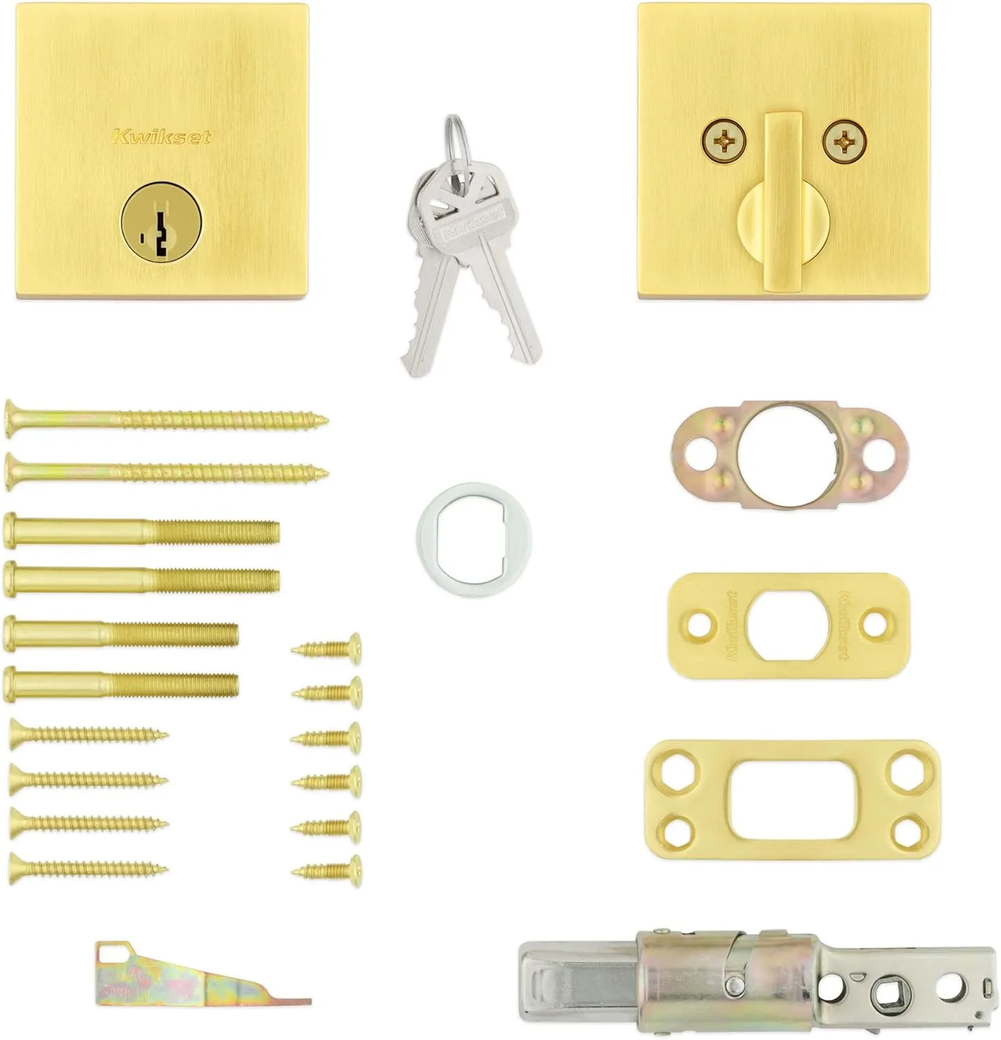 Kwikset Downtown Deadbolt Lock, Satin Brass Square Exterior Keyed Front Entry Door, Pick Resistant SmartKey Rekey Security, Single Cylinder Dead Bolt, with Microban Protection