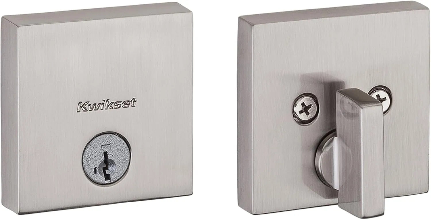 Kwikset Downtown Deadbolt Lock, Satin Nickel Square Exterior Keyed Front Entry Door, Pick Resistant SmartKey Rekey Security, Single Cylinder Dead Bolt, with Microban Protection