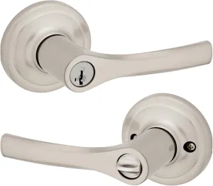 Kwikset Henley Entry Door Handle with Lock and Key, Secure Keyed Reversible Lever Exterior, For Front Entrance and Bedrooms, Satin Nickel, Pick Resistant Smartkey Rekey Security and Microban