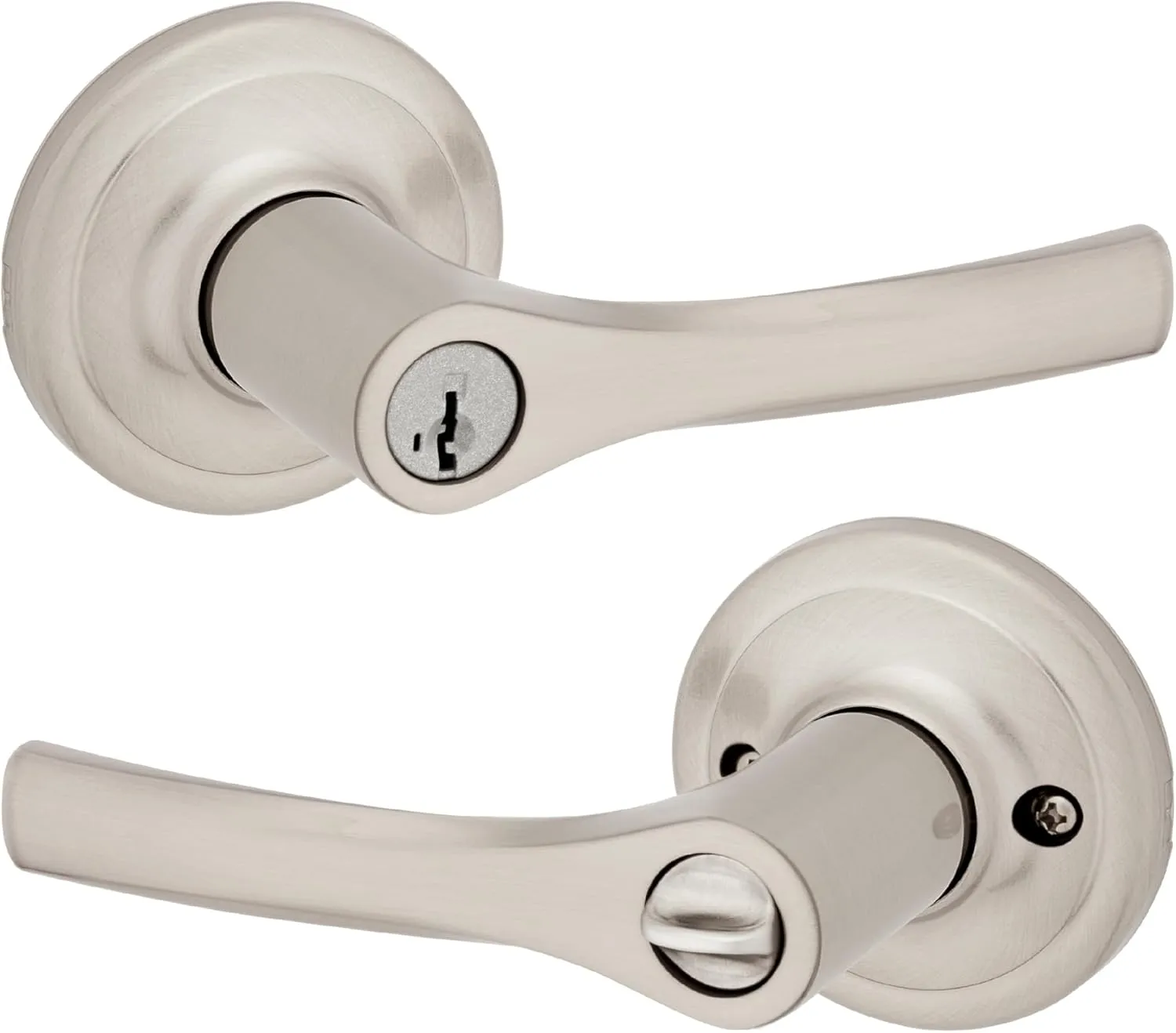 Kwikset Henley Entry Door Handle with Lock and Key, Secure Keyed Reversible Lever Exterior, For Front Entrance and Bedrooms, Satin Nickel, Pick Resistant Smartkey Rekey Security and Microban