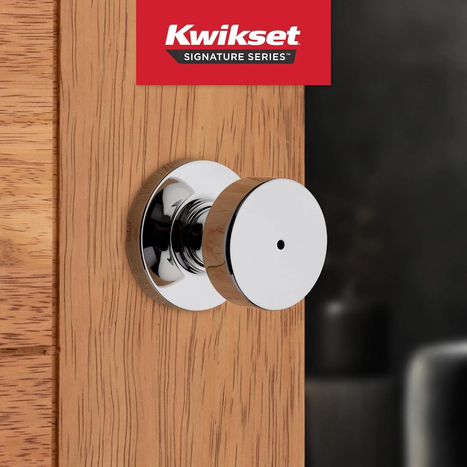 Kwikset Pismo Interior Privacy Door Knob with Lock, Door Handle For Bathroom and Bedroom, Polished Chrome Keyless Turn Lock Doorknob