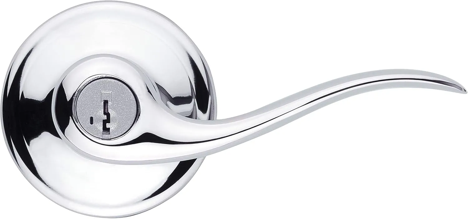 Kwikset Tustin Entry Door Handle with Lock and Key, Secure Keyed Reversible Lever Exterior, Doorlock, For Front Entrance and Bedrooms, Polished Chrome, Pick Resistant Smartkey Rekey Security
