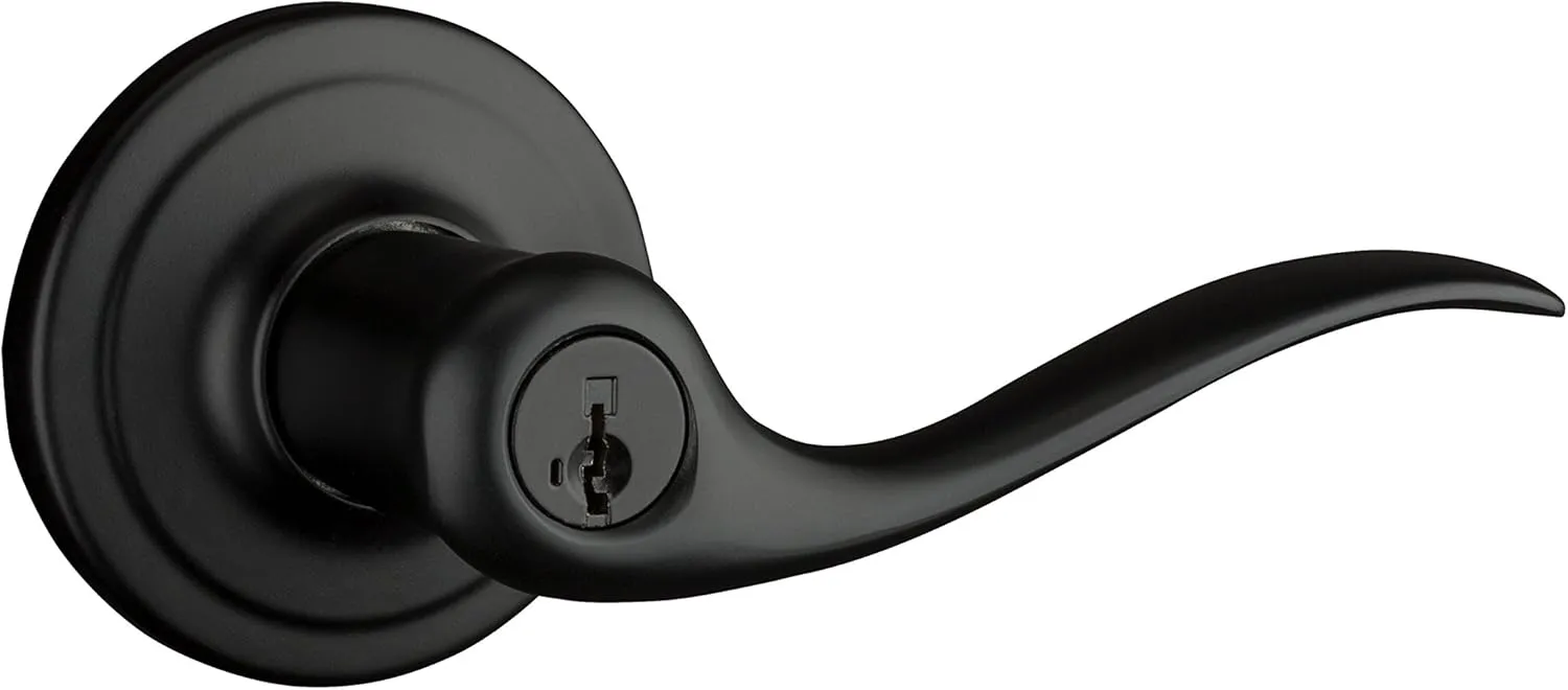 Kwikset Tustin Entry Door Handle with Lock and Key, Secure Keyed Reversible Lever Exterior, For Front Entrance and Bedrooms, Matte Black, Pick Resistant Smartkey Rekey Security and Microban