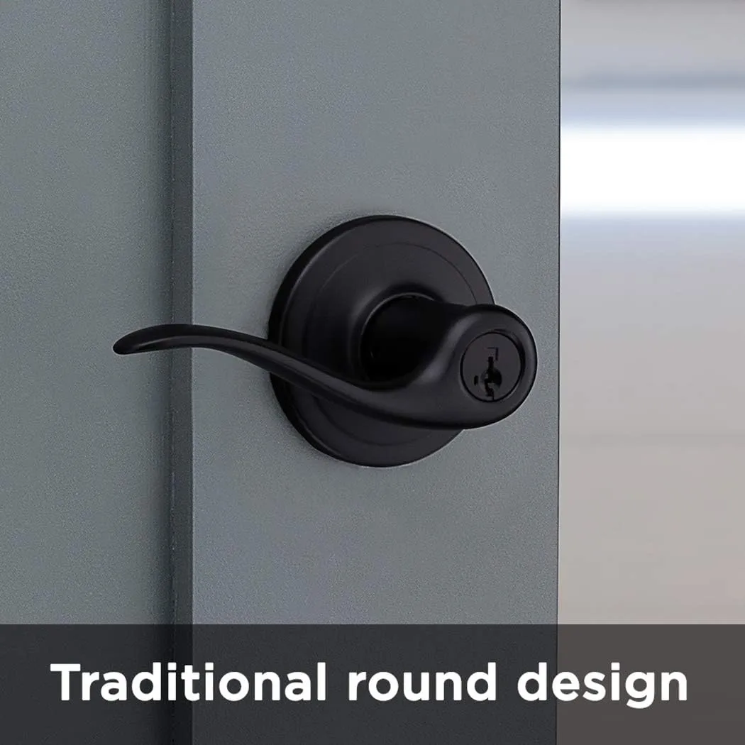 Kwikset Tustin Entry Door Handle with Lock and Key, Secure Keyed Reversible Lever Exterior, For Front Entrance and Bedrooms, Matte Black, Pick Resistant Smartkey Rekey Security and Microban