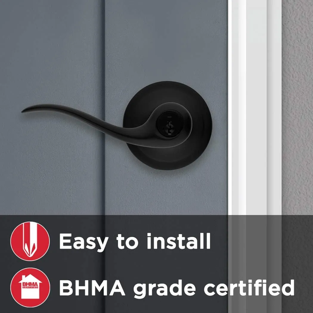 Kwikset Tustin Entry Door Handle with Lock and Key, Secure Keyed Reversible Lever Exterior, For Front Entrance and Bedrooms, Matte Black, Pick Resistant Smartkey Rekey Security and Microban