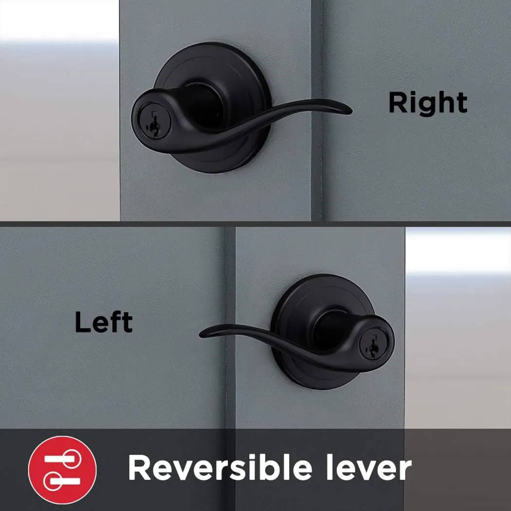 Kwikset Tustin Entry Door Handle with Lock and Key, Secure Keyed Reversible Lever Exterior, For Front Entrance and Bedrooms, Matte Black, Pick Resistant Smartkey Rekey Security and Microban