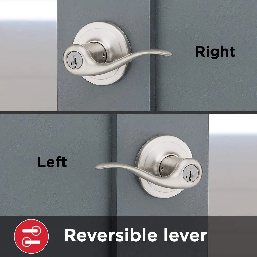 Kwikset Tustin Entry Door Handle with Lock and Key, Secure Keyed Reversible Lever Exterior, For Front Entrance and Bedrooms, Satin Nickel, Pick Resistant Smartkey Rekey Security and Microban