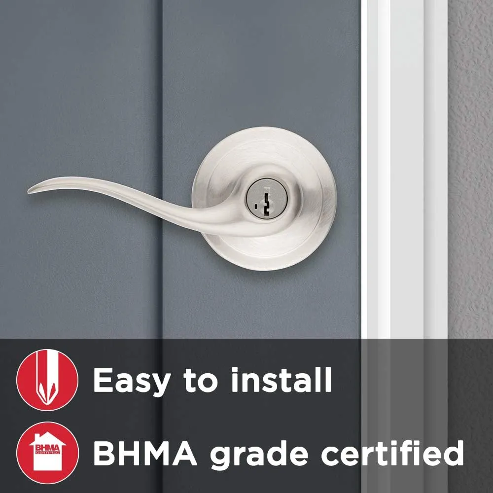 Kwikset Tustin Entry Door Handle with Lock and Key, Secure Keyed Reversible Lever Exterior, For Front Entrance and Bedrooms, Satin Nickel, Pick Resistant Smartkey Rekey Security and Microban