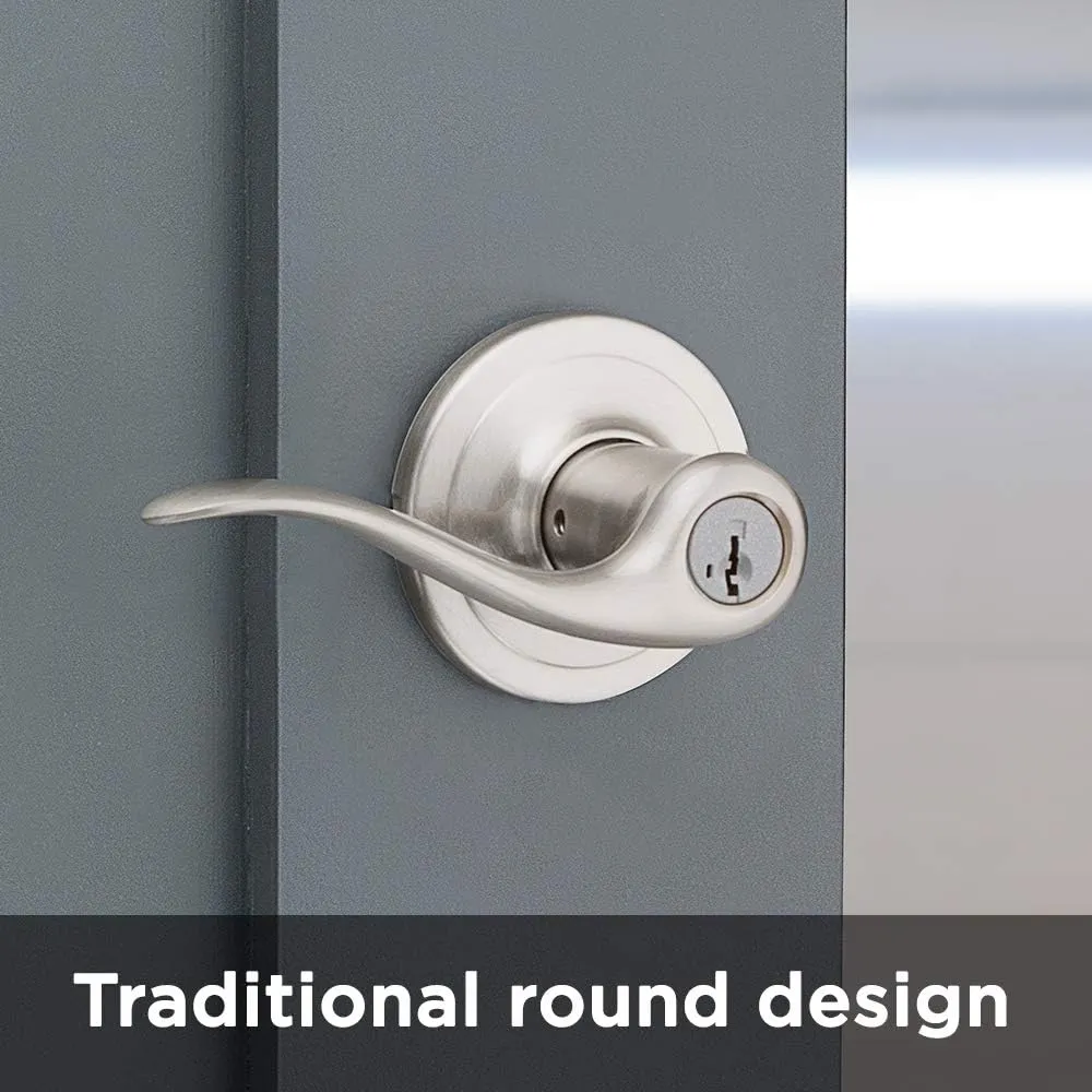 Kwikset Tustin Entry Door Handle with Lock and Key, Secure Keyed Reversible Lever Exterior, For Front Entrance and Bedrooms, Satin Nickel, Pick Resistant Smartkey Rekey Security and Microban