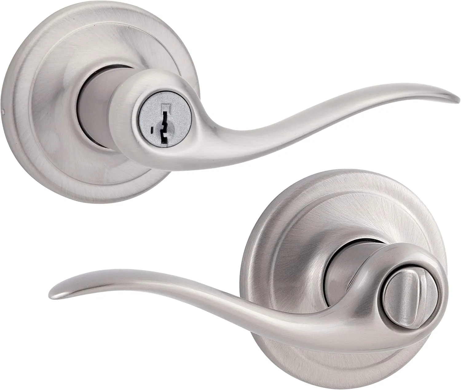 Kwikset Tustin Entry Door Handle with Lock and Key, Secure Keyed Reversible Lever Exterior, For Front Entrance and Bedrooms, Satin Nickel, Pick Resistant Smartkey Rekey Security and Microban