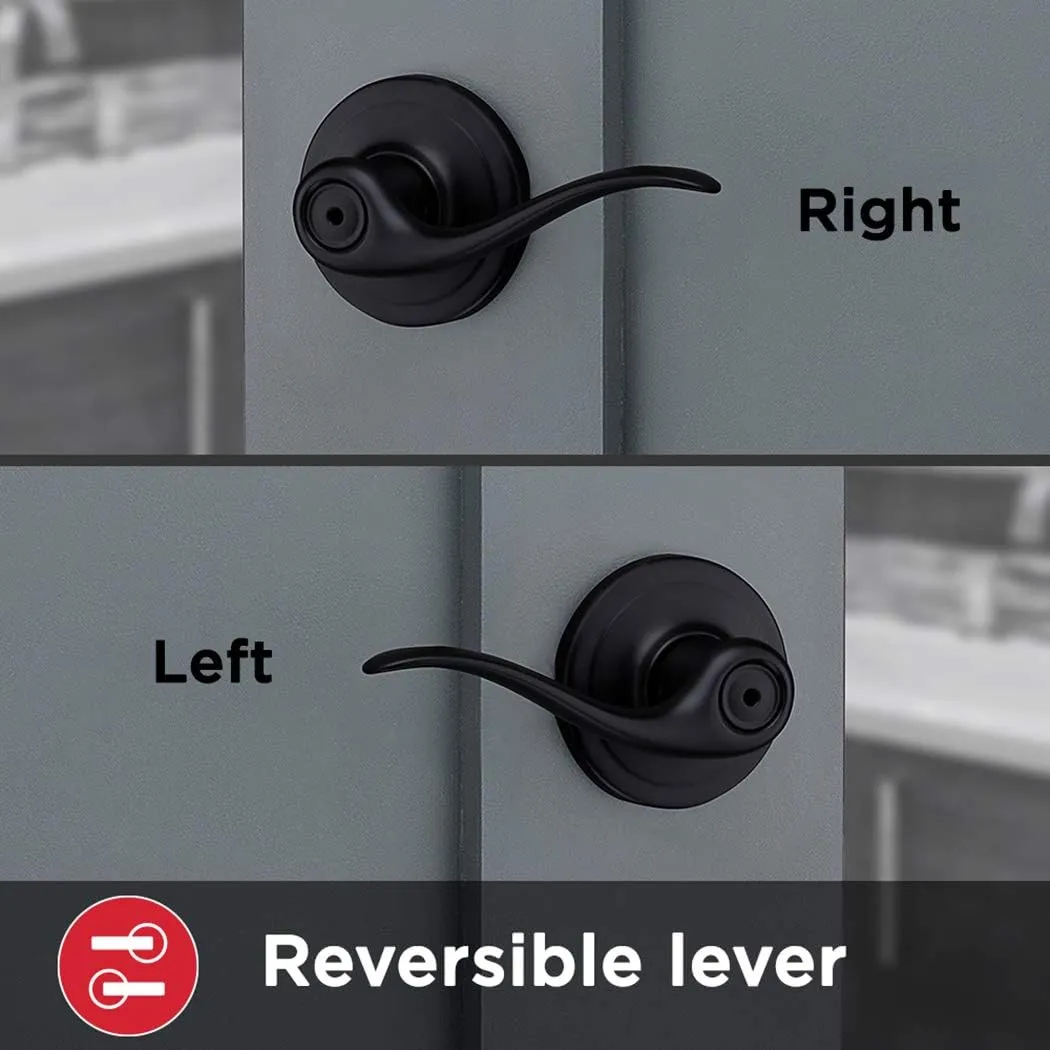 Kwikset Tustin Interior Privacy Door Handle with Lock, Door Lever For Bathroom and Bedroom, Matte Black Reversible Keyless Turn Lock, with Microban Protection