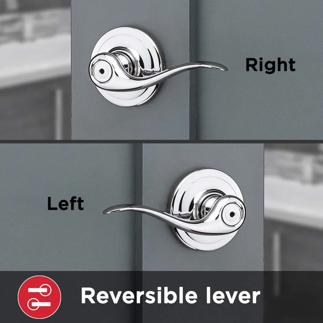 Kwikset Tustin Interior Privacy Door Handle with Lock, Door Lever For Bathroom and Bedroom, Polished Chrome Reversible Keyless Turn Lock