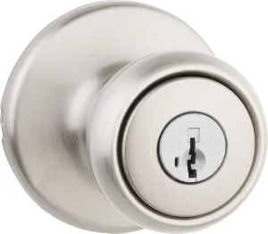 Kwikset Tylo Entry Door Knob with Lock and Key, Secure Keyed Handle Exterior, Front Entrance and Bedroom, Satin Nickel, Pick Resistant SmartKey Rekey Security and Microban