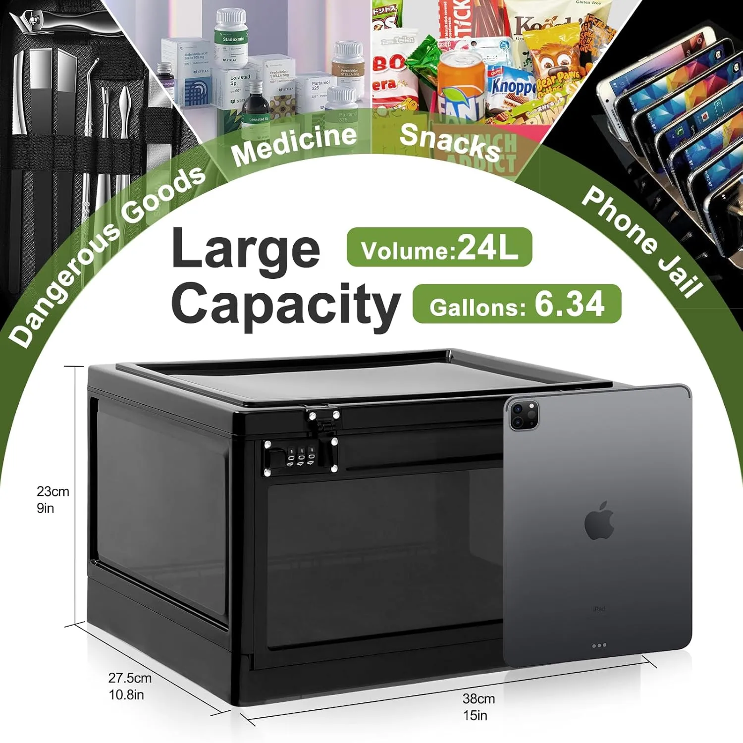 Large Medicine Lock Box, Personal Items Lockable Container for Phone/Tablet, Refrigerator Locking Storage Bin for Snack/Food, Childproof First AID Locked