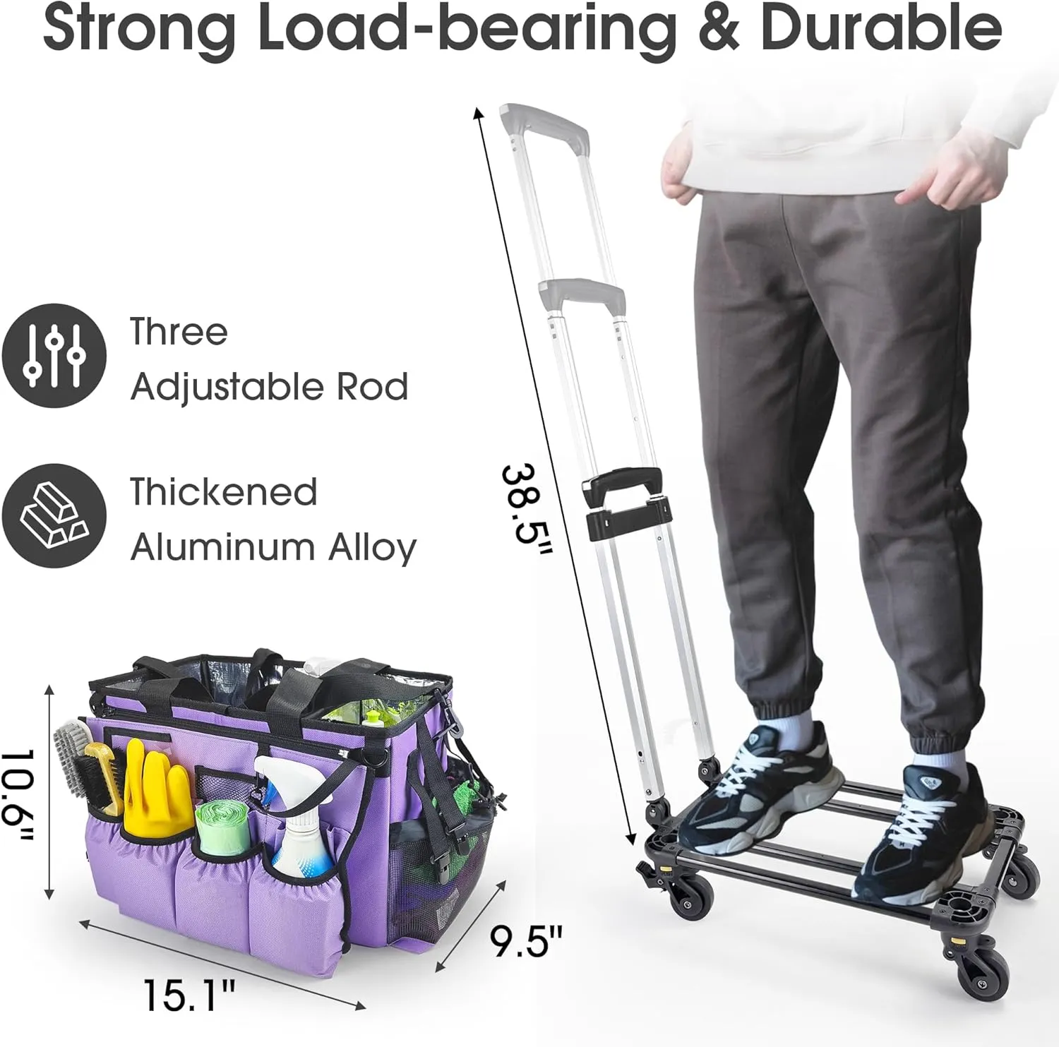 Large Rolling Cleaning Bag with Detachable Trolley, Portable Cleaning Cart with Waterproof Aluminum Foil Lining for Housekeepers, Cleaning Supply Caddy on Wheels for Home, Car, Office, Picnic(Purple)