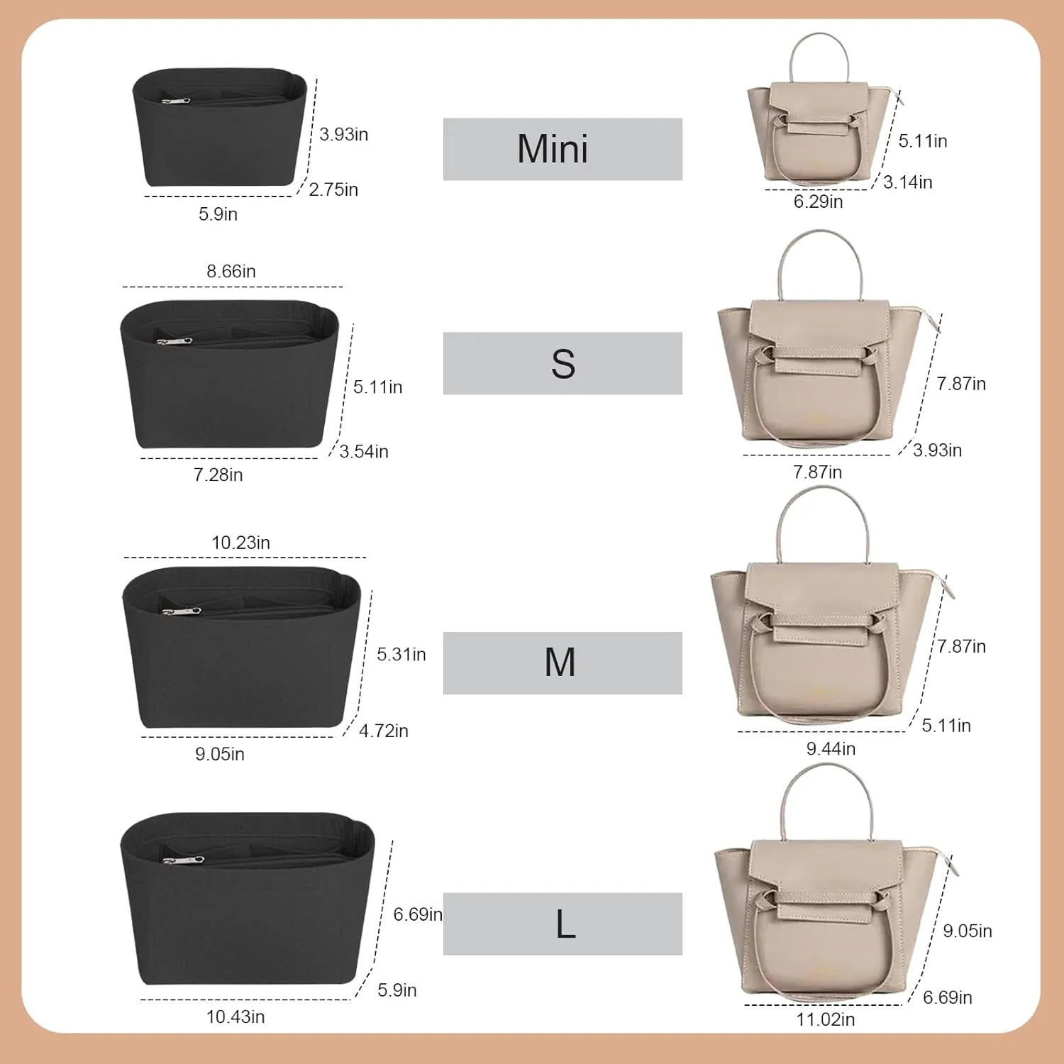 Lckaey Celine Handbag Organizer - Nano, Mini, Small, Medium, Large - Black Felt Insert Bag Organizer